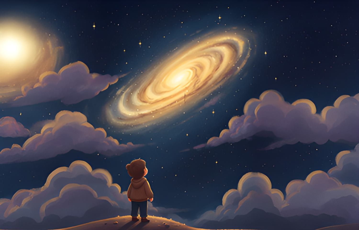 Child looking at spiral galaxy in the night sky